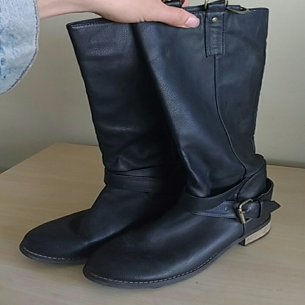 BDG Buckle Black Leather Heeled Boots