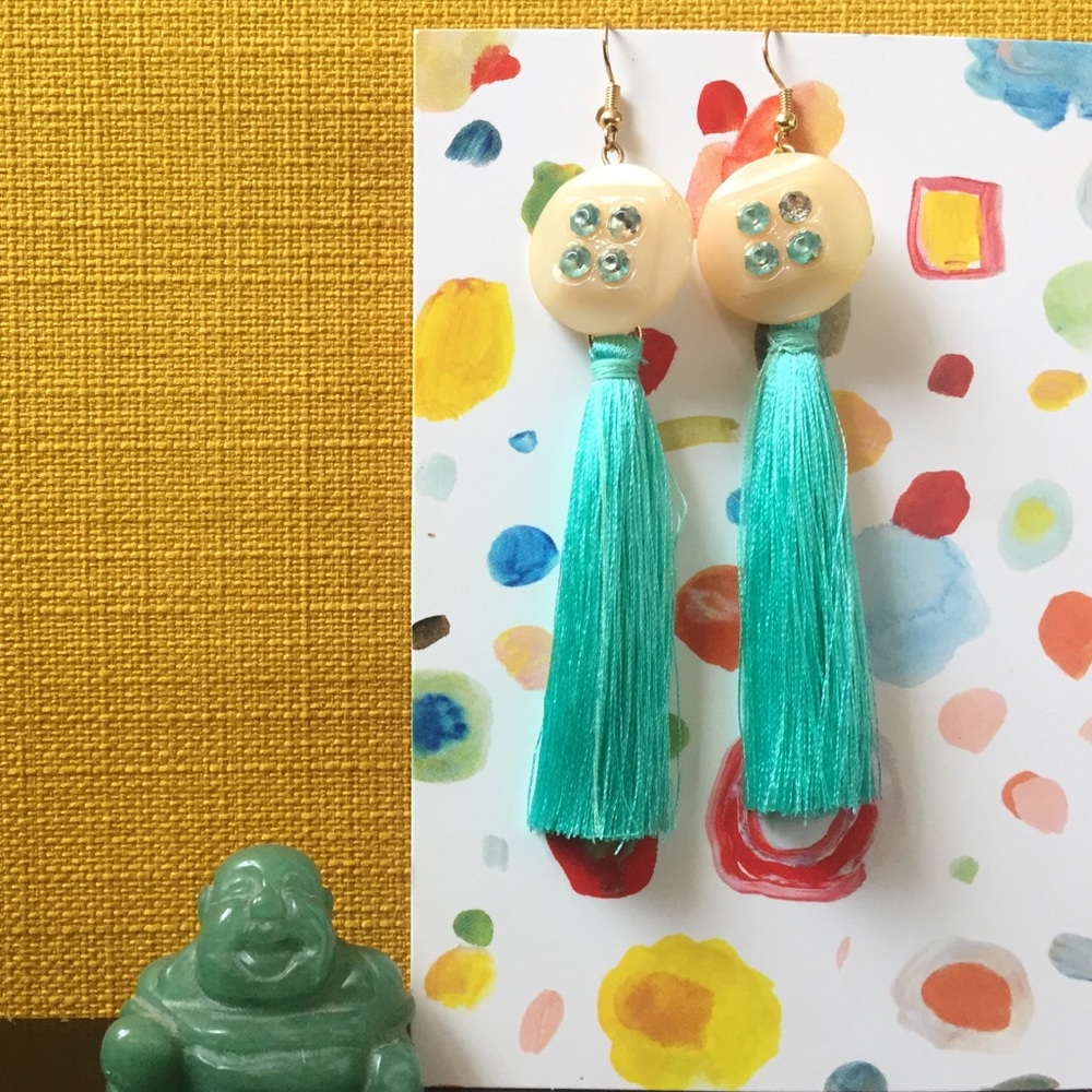 Vintage Button Earrings with Long Teal Tassels
