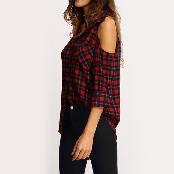 Plaid Shirt - Cold Shoulder Button down - Picture 4 of 4