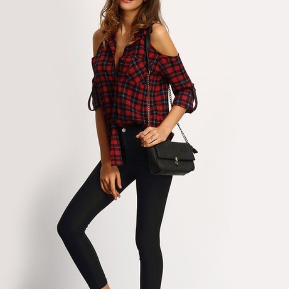 Plaid Shirt - Cold Shoulder Button down - Picture 2 of 4