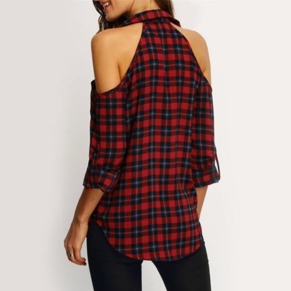 Plaid Shirt - Cold Shoulder Button down - Picture 3 of 4