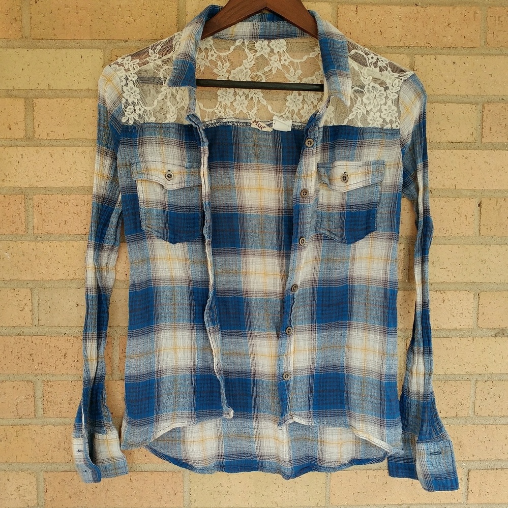 Plaid and Lace Long Sleeve Button Down by Mudd