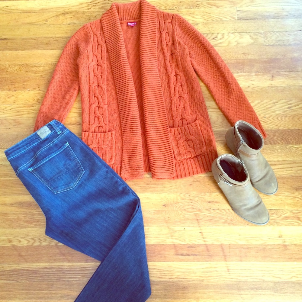 Rust cable knit open front cardigan
