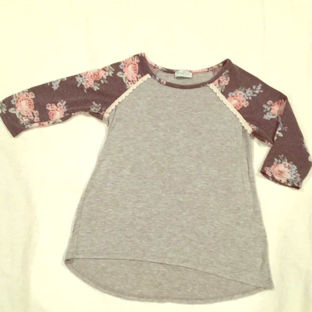 Girls Flower Contrast Baseball 3/4 Tee- Size 10