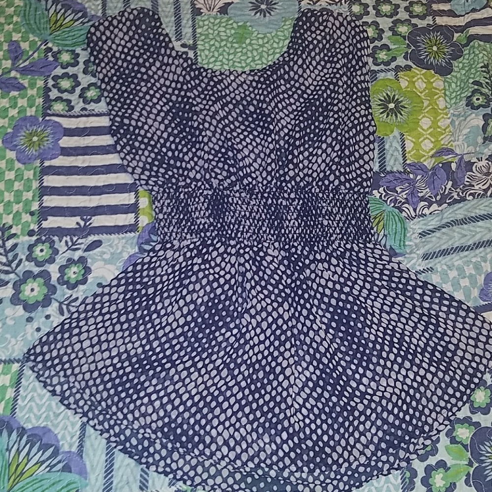 Polyester blouse, navy blue with cream ovals