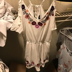 White embroidered cold shoulder romper