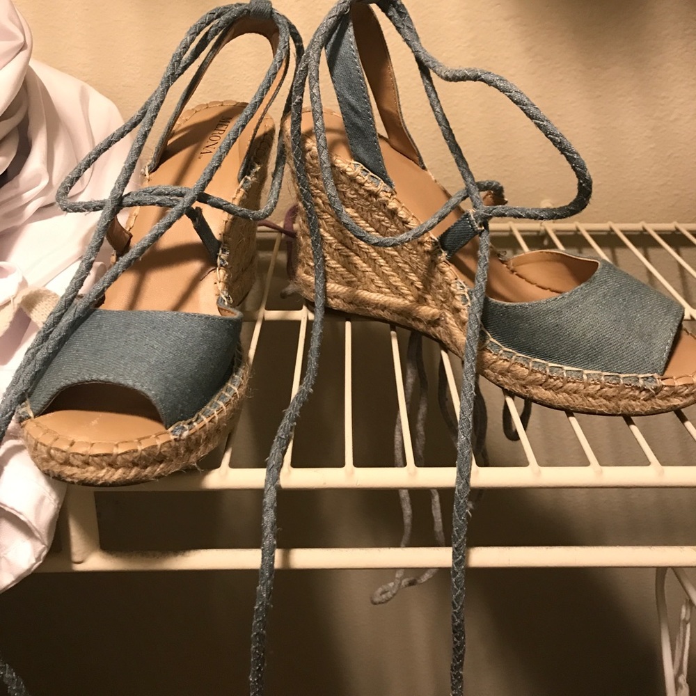 Light blue denim lace up wedges