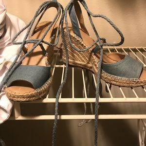 Light blue denim lace up wedges