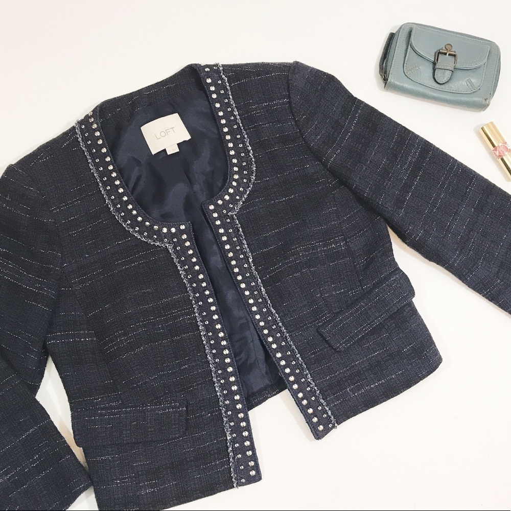 LOFT Dark Blue Tweed Blazer with Silver accents