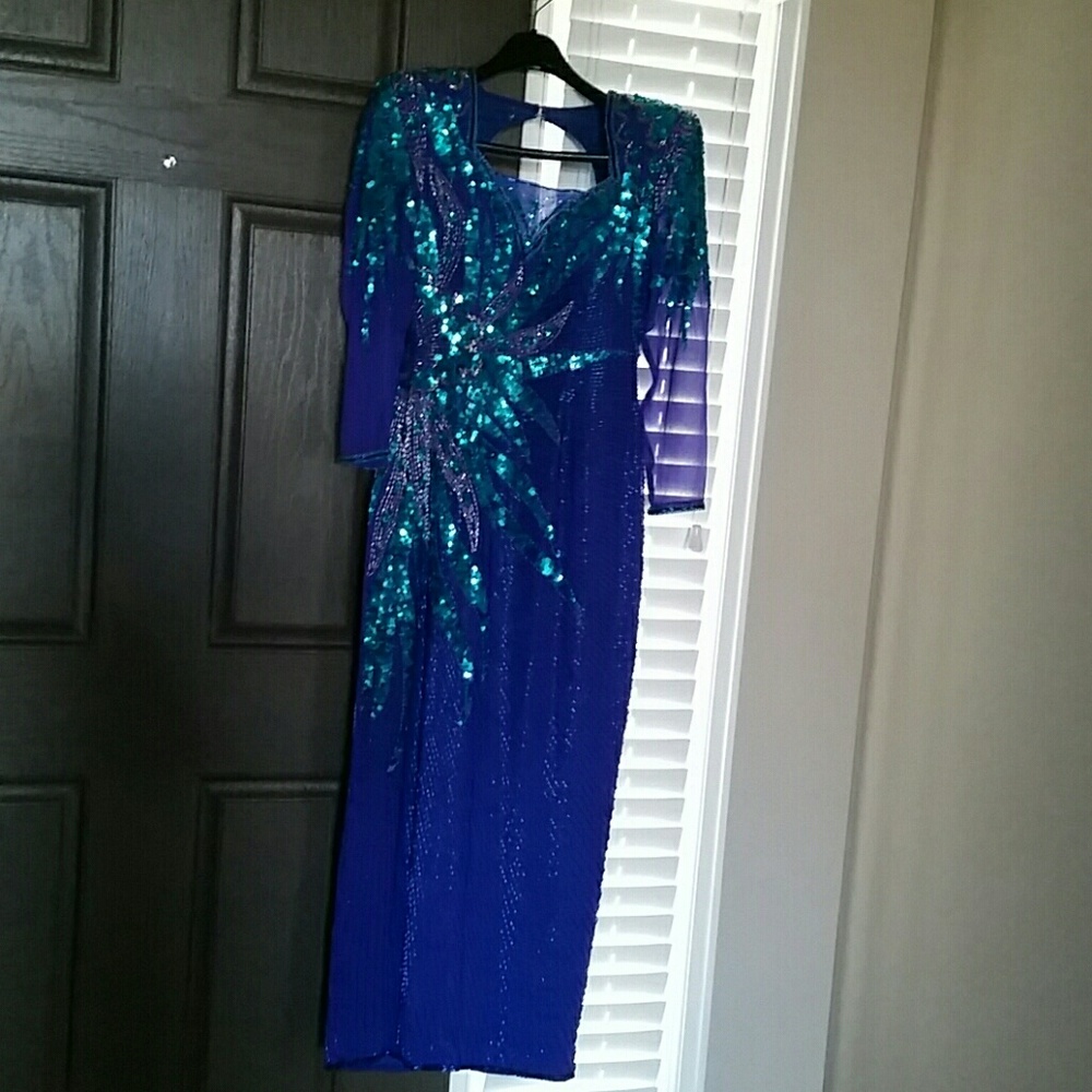 Blue sequin gown.
