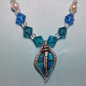 Woman's Pendant, Necklace, Blue Fire Conch, Crysta