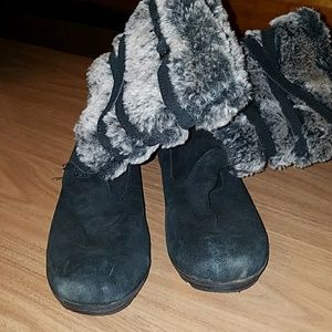 Leather/faux fur black boots women's