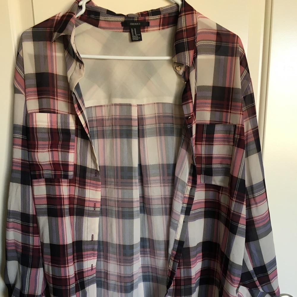 Button down, plaid shirt.
