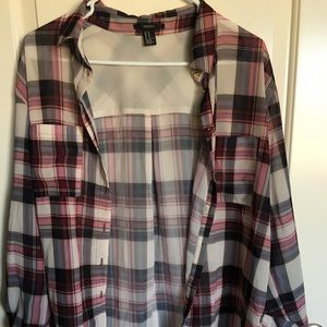 Button down, plaid shirt.