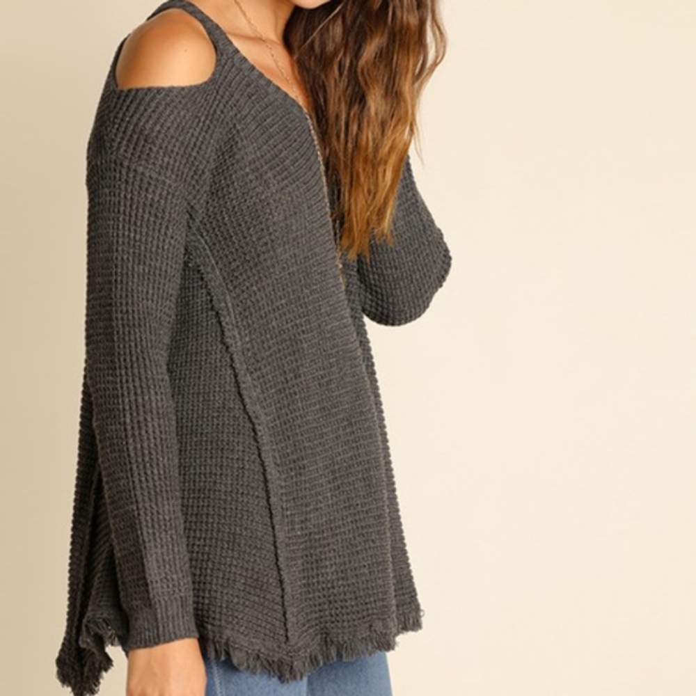 Charcoal Waffle Knit Cold Shoulder Sweater