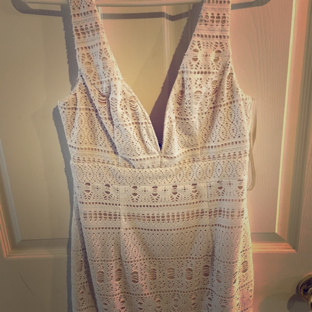 White with tan underlay dress