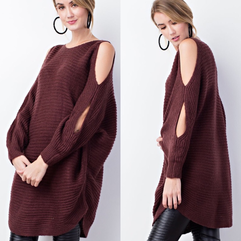 Plum Oversized Sweater Tunic Cold Shoulder