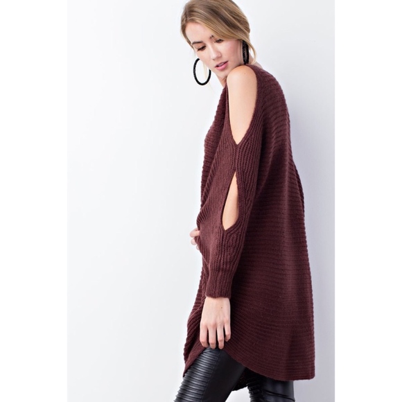 Plum Oversized Sweater Tunic Cold Shoulder - Picture 3 of 8