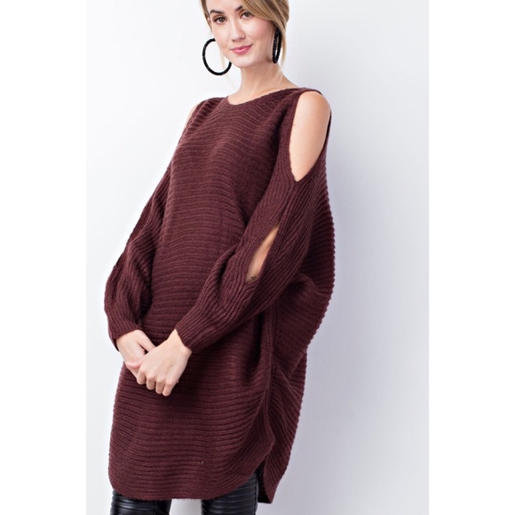 Plum Oversized Sweater Tunic Cold Shoulder - Picture 2 of 8