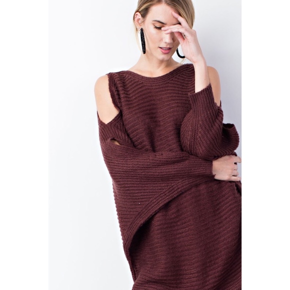 Plum Oversized Sweater Tunic Cold Shoulder - Picture 4 of 8