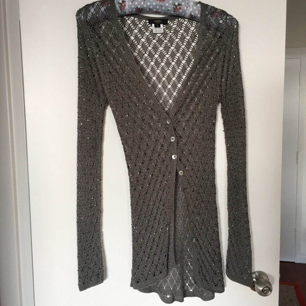 Pewter beaded knitted long evening cardigan