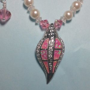 Pink Fire OpalConch, Crystal, Pearl Necklace
