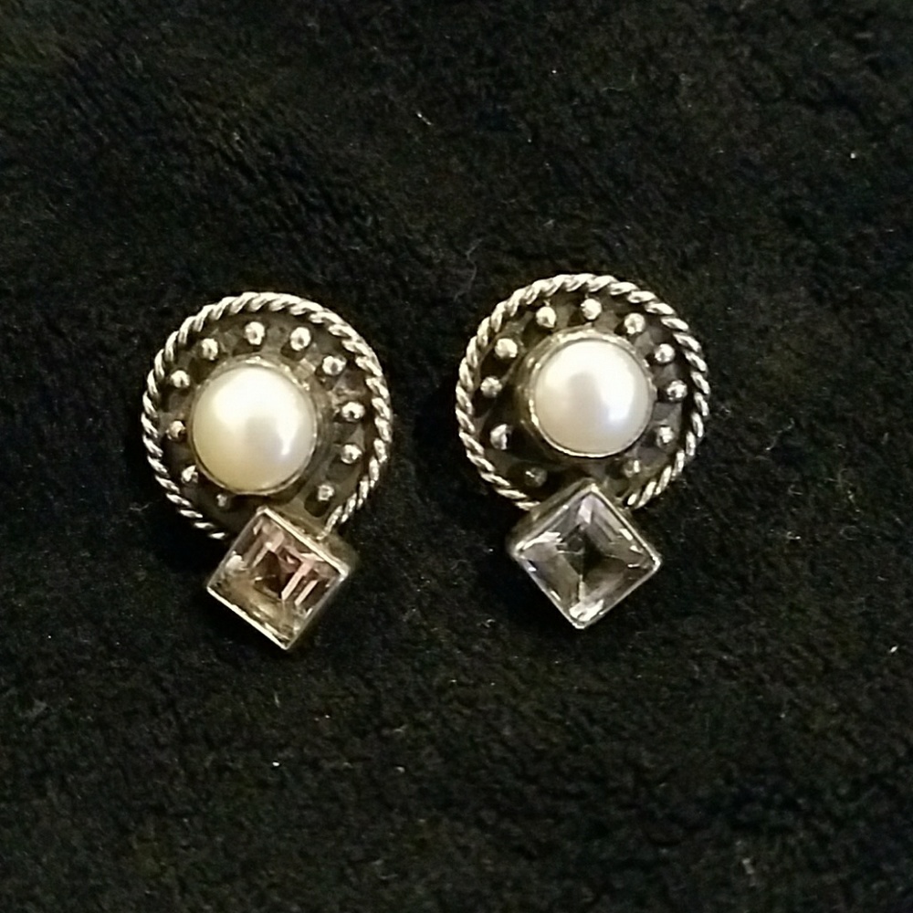Sterling silver, pearl and cut stone earrings
