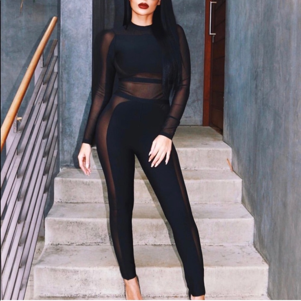 BLACK MESH SHEER BANDAGE JUMPSUIT | CATSUIT