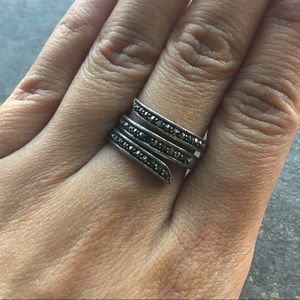 Spiral Black Pave Stone Silver Ring