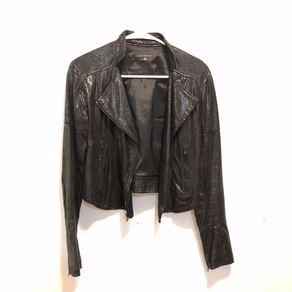 Beatrisa Metallic Cropped Black Leather Jacket