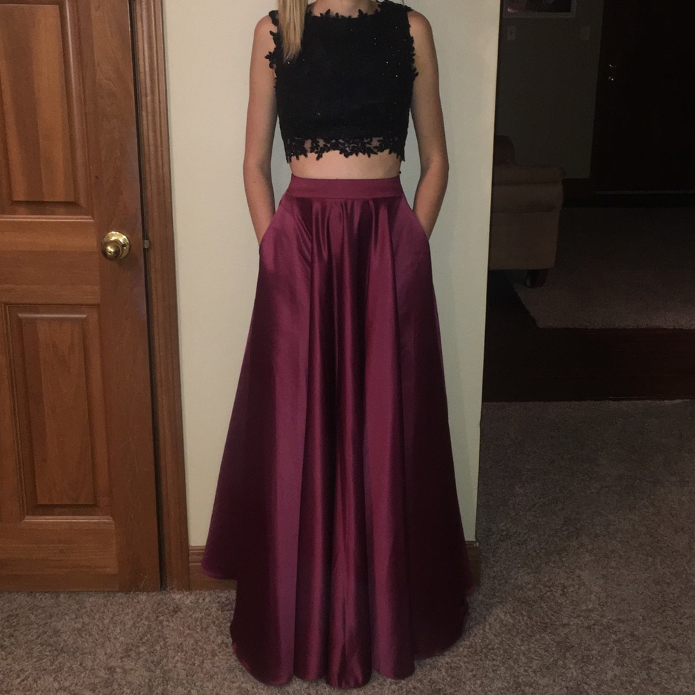 Two Piece Burgundy Prom Dress