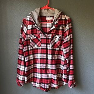 Red and black plaid button up with hood