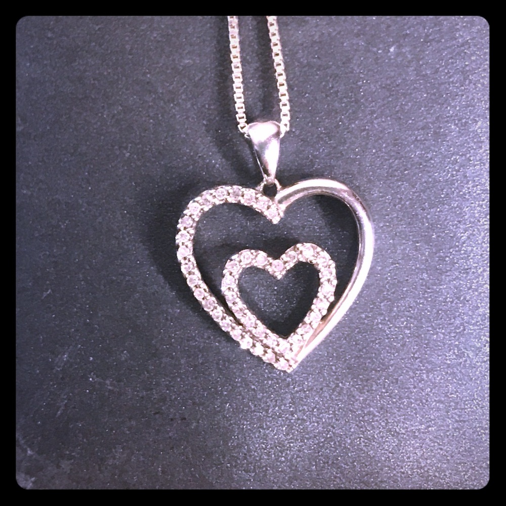 Diamond Sterling Silver two hearts pendant & chain