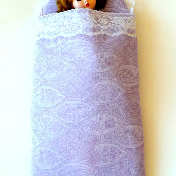 Doll Bedding Sleeping Bag Lavender Paisley Cotton Fabric Lace Details - Picture 3 of 5