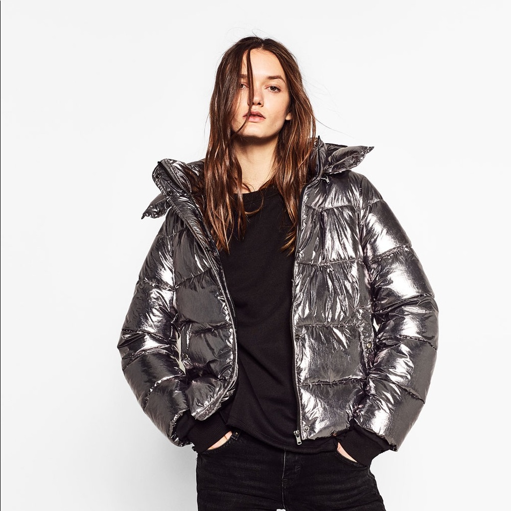 Zara metallic puffer coat dark silver