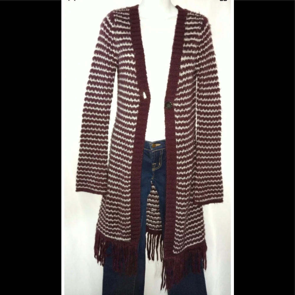 Decree Burgundy and White Knit Duster Sweater