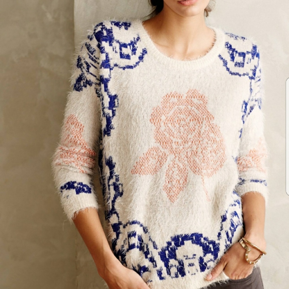 Anthropologie Natural Feathered Scroll Pullover