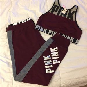 VS PINK burgundy jogger sweats (NWOT) & bra (NWT)
