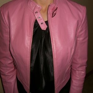 pink leather jacket