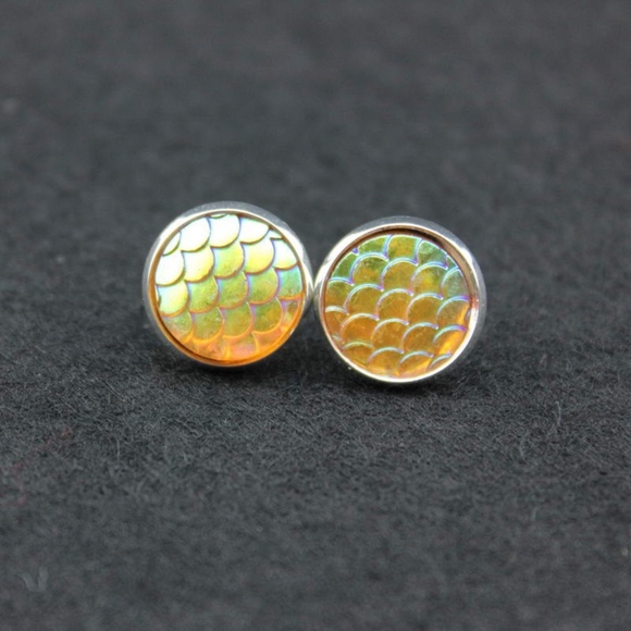Mermaid Fish Scale Clear Druzy Silver Earrings - Picture 3 of 6
