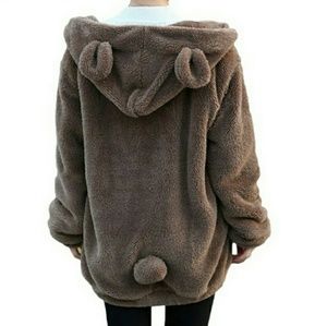 Fluffy Bear Ear Hooded Jacket with Pom Pom Tail