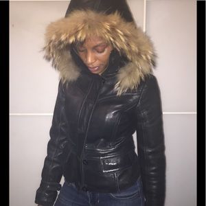 Leather jacket w authentic fox fur hood