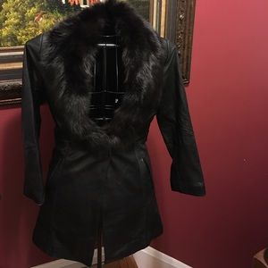 Fur trim leather coat