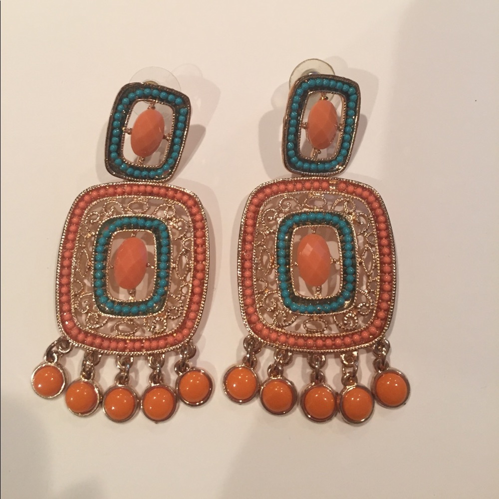 Orange and turquoise statement earrings