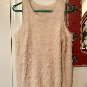 Fuzzy, cold shoulder, cream sweater.