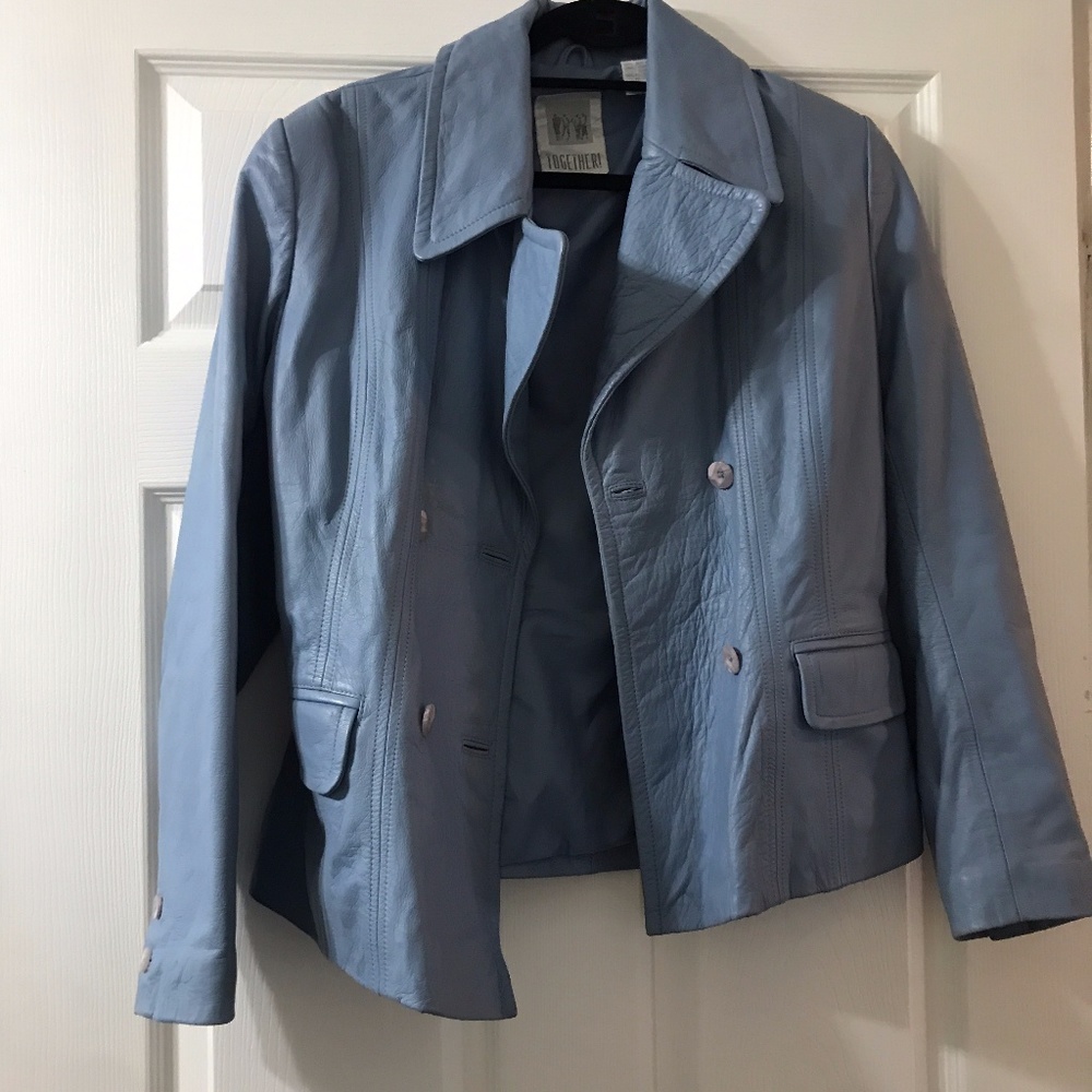 DONATED. Blue leather jacket