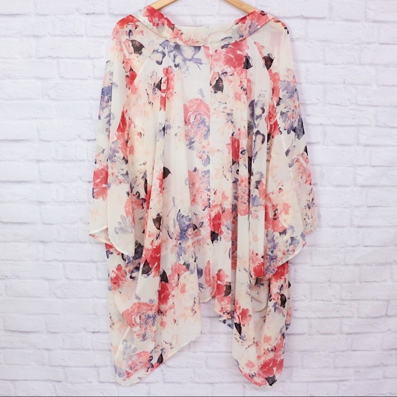 Floral Chiffon Kimono Cardigan White Pink Sheer - Picture 2 of 5