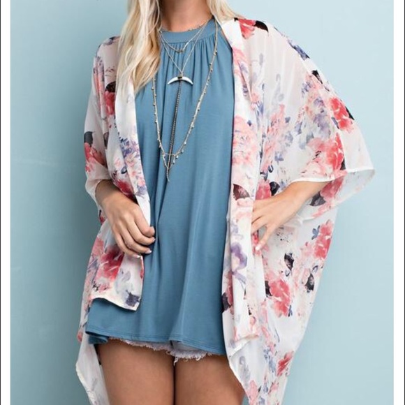 Floral Chiffon Kimono Cardigan White Pink Sheer - Picture 3 of 5