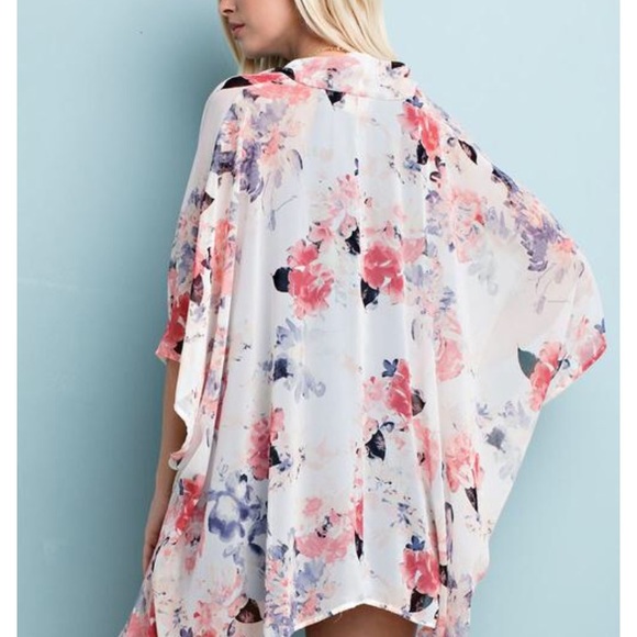Floral Chiffon Kimono Cardigan White Pink Sheer - Picture 4 of 5
