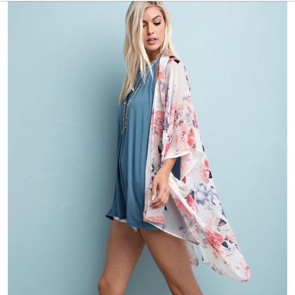 Floral Chiffon Kimono Cardigan White Pink Sheer - Picture 5 of 5